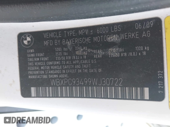 2009 BMW X3 xDrive30i with VIN WBXPC93499WJ30722, listed as a IAAI auction lot 41862997 with 170,028 mi miles. Bid and sale history available at carsss.com. Image 9.
