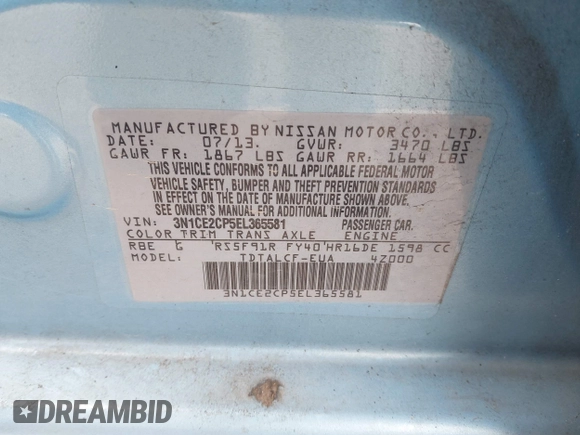 2014 Nissan Note SV with VIN 3N1CE2CP5EL365581, listed as a IAAI auction lot 41831047 with 53,660 mi miles and . Bid and sale history available at DreamBid. Image 9.