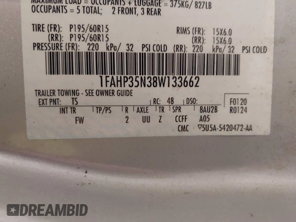 2008 Ford Focus SE with VIN 1FAHP35N38W133662, listed as a IAAI auction lot 42855611 with Not provided miles and . Bid and sale history available at DreamBid. Image 9.