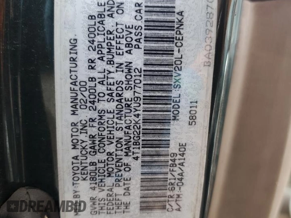 2000 Toyota Camry CE z VIN 4T1BG22K4YU977012, wystawiony jako Copart lot #59085085 z przebiegiem 146 838 mil mil oraz Szkoda całkowita • Salvage title. Historia ofert i sprzedaży dostępna na DreamBid. Obrazek 12.