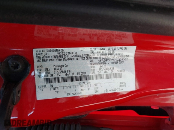 2017 Ford Focus SE with VIN 1FADP3F28HL234362, listed as a IAAI auction lot 41865973 with 120,093 mi miles and . Bid and sale history available at DreamBid. Image 9.