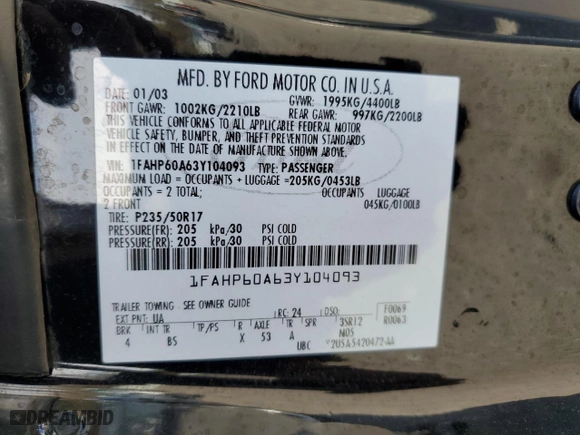 2003 Ford Thunderbird Deluxe with VIN 1FAHP60A63Y104093, listed as a Copart auction lot 76028744 with 79,995 mi miles and Salvage Title. Bid and sale history available at carsss.com. Image 12.