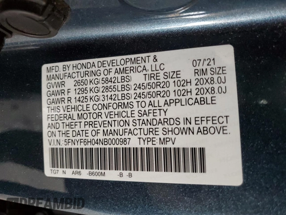 2022 Honda Pilot Elite z VIN 5FNYF6H04NB000987, wystawiony jako Copart lot #58584505 z przebiegiem 73 489 mil mil oraz Szkoda całkowita • Salvage title. Historia ofert i sprzedaży dostępna na DreamBid. Obrazek 13.
