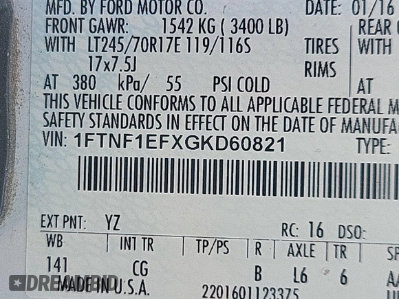 2016 Ford F-150 XL with VIN 1FTNF1EFXGKD60821, listed as a IAAI auction lot 42713643 with 130,996 mi miles and . Bid and sale history available at DreamBid. Image 10.