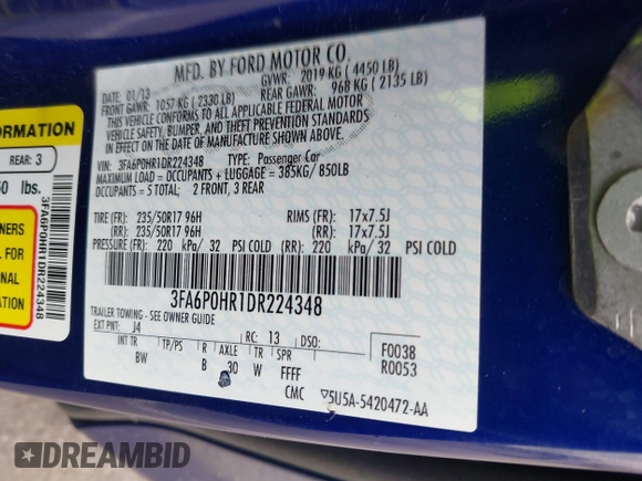 2013 Ford Fusion SE with VIN 3FA6P0HR1DR224348, listed as a IAAI auction lot 41971247 with 121,553 mi miles and . Bid and sale history available at DreamBid. Image 9.