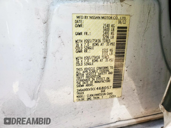 2012 Nissan Frontier Pro-4X with VIN 1N6AD0EV3CC468057, listed as a Copart auction lot 60432675 with 100,088 mi miles and Salvage title. Bid and sale history available at DreamBid. Image 12.