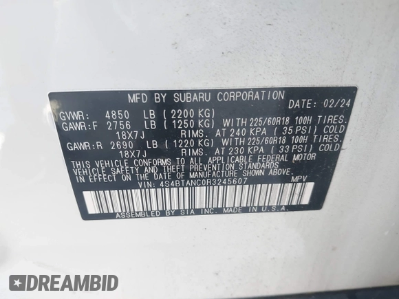 2024 Subaru Outback Limited с VIN 4S4BTANC0R3245607, выставлен на аукционе IAAI как лот 42186812 с пробегом 17 445 миль миль и . История ставок и продаж доступна на DreamBid. Изображение 9.