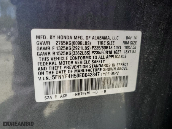 2014 Honda Pilot EX-L with VIN 5FNYF4H50EB042847, listed as a Copart auction lot 50802305 with 180,690 mi miles and Salvage Title. Bid and sale history available at carsss.com. Image 16.