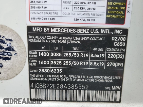2008 Mercedes-Benz M 550 z VIN 4JGBB72E28A385552, wystawiony jako Copart lot #50704215 z przebiegiem 165 925 mil mil oraz Szkoda całkowita • Salvage title. Historia ofert i sprzedaży dostępna na DreamBid. Obrazek 13.