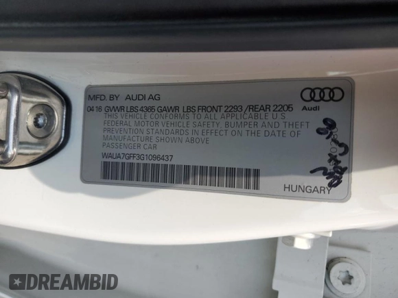 2016 Audi A3 1.8T Premium with VIN WAUA7GFF3G1096437, listed as a Copart auction lot 56368473 with 72,497 mi miles. Bid and sale history available at carsss.com. Image 13.