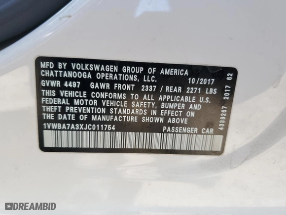 2018 Volkswagen Passat 2.0T SE with VIN 1VWBA7A3XJC011754, listed as a Copart auction lot 53998035 with 57,816 mi miles and Clean Title. Bid and sale history available at carsss.com. Image 13.