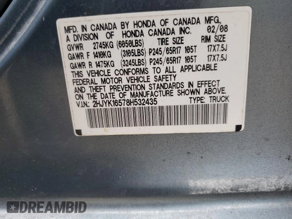 2008 Honda Ridgeline RTL with VIN 2HJYK16578H532435, listed as a Copart auction lot 57151005 with 171,301 mi miles and Salvage title. Bid and sale history available at DreamBid. Image 12.