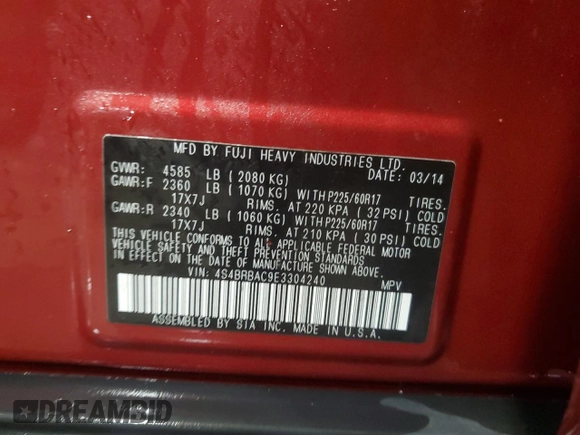 2014 Subaru Outback 2.5i with VIN 4S4BRBAC9E3304240, listed as a Copart auction lot 54567135 with 55,202 mi miles and Non repairable. Bid and sale history available at DreamBid. Image 13.