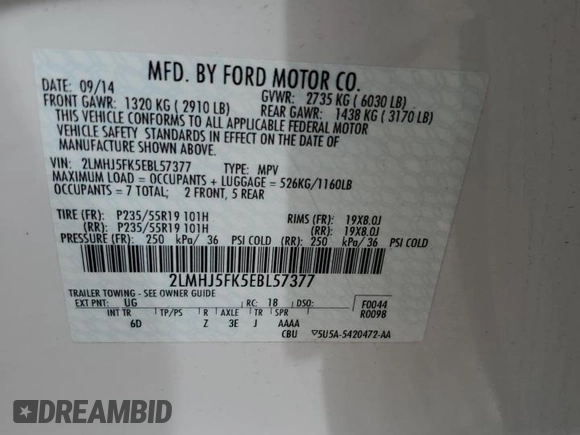 2014 Lincoln MKT with VIN 2LMHJ5FK5EBL57377, listed as a Copart auction lot 70608694 with 115,053 mi miles and Salvage Title. Bid and sale history available at DreamBid. Image 14.