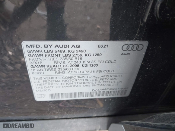 2021 Audi Q5 Premium with VIN WA1AAAFY8M2119097, listed as a IAAI auction lot 40308722 with 57,666 mi miles. Bid and sale history available at carsss.com. Image 9.