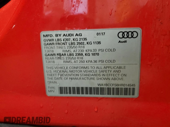 2017 Audi Q3 Premium with VIN WA1BCCFS6HR014545, listed as a Copart auction lot 61142415 with 132,698 mi miles and Non repairable. Bid and sale history available at DreamBid. Image 13.