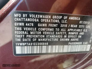 2014 Volkswagen Passat SE with VIN 1VWBP7A31EC005846, listed as a Copart auction lot 47984135 with 169,256 mi miles and Salvage Title. Bid and sale history available at carsss.com. Image 14.