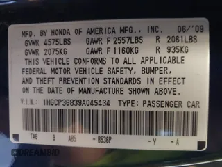 2009 Honda Accord EX-L with VIN 1HGCP36839A045434, listed as a IAAI auction lot 42125265 with 244,515 mi miles and . Bid and sale history available at DreamBid. Image 9.