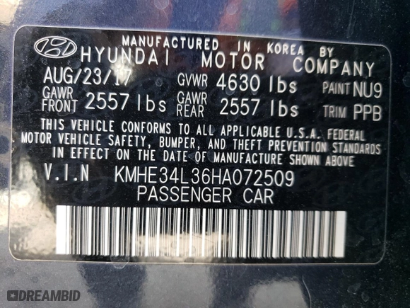 2017 Hyundai Sonata Hybrid Limited with VIN KMHE34L36HA072509, listed as a Copart auction lot 47379935 with 33,789 mi miles and Salvage Title. Bid and sale history available at carsss.com. Image 13.