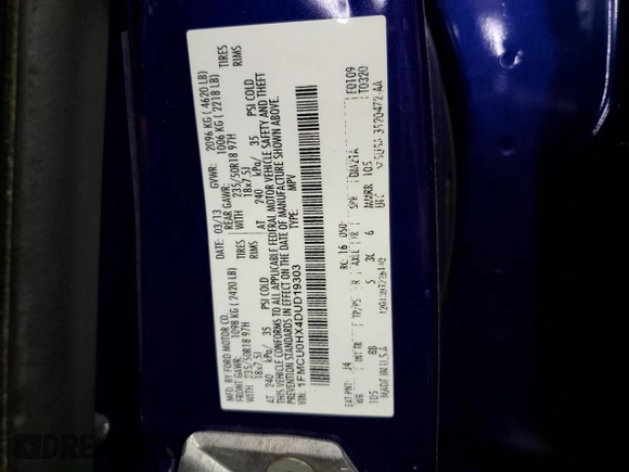 2013 Ford Escape SEL with VIN 1FMCU0HX4DUD19303, listed as a Copart auction lot 52440705 with Not Provided miles and Clean Title. Bid and sale history available at carsss.com. Image 13.