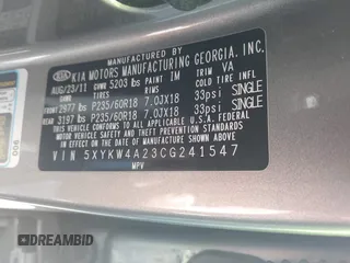 2012 Kia Sorento SX with VIN 5XYKW4A23CG241547, listed as a IAAI auction lot 41939973 with 135,986 mi miles. Bid and sale history available at carsss.com. Image 9.