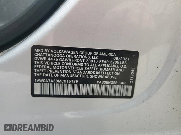 2021 Volkswagen Passat SE z VIN 1VWSA7A38MC015189, wystawiony jako Copart lot #50079905 z przebiegiem 89 375 mil mil oraz Szkoda całkowita • Salvage title. Historia ofert i sprzedaży dostępna na DreamBid. Obrazek 13.