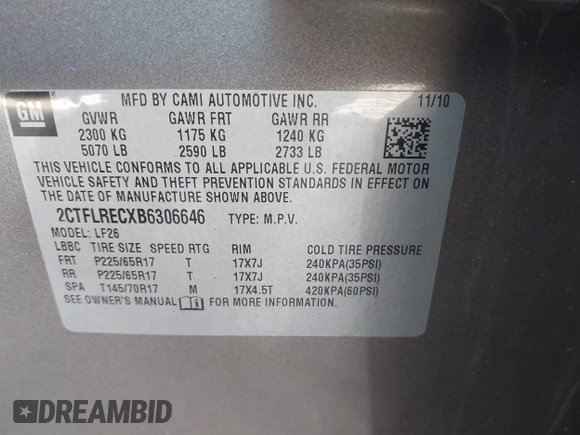 2011 GMC Terrain SLE-1 with VIN 2CTFLRECXB6306646, listed as a IAAI auction lot 41166193 with 228,213 mi miles and . Bid and sale history available at DreamBid. Image 9.