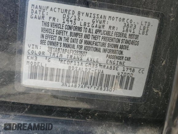 2015 Nissan Sentra SV z VIN 3N1AB7AP4FY283507, wystawiony jako Copart lot #57517475 z przebiegiem 106 312 mil mil oraz Szkoda całkowita • Salvage title. Historia ofert i sprzedaży dostępna na DreamBid. Obrazek 12.