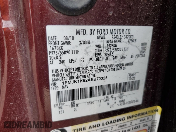 2010 Ford Expedition Max Limited z VIN 1FMJK1K52AEB70325, wystawiony jako Copart lot #55571755 z przebiegiem 199 231 mil mil oraz Szkoda całkowita • Salvage title. Historia ofert i sprzedaży dostępna na DreamBid. Obrazek 13.
