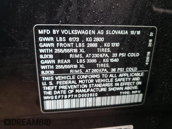 2017 Volkswagen Touareg Sport with VIN WVGEF7BP7HD002920, listed as a Copart auction lot 48546204 with 108,648 mi miles and . Bid and sale history available at DreamBid. Image 12.