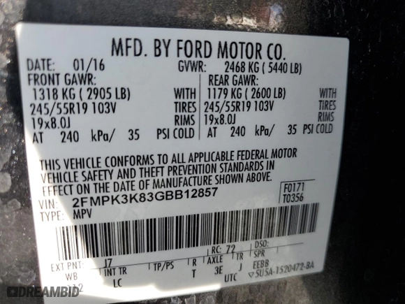 2016 Ford Edge Titanium with VIN 2FMPK3K83GBB12857, listed as a Copart auction lot 49213405 with 127,314 mi miles and Salvage Title. Bid and sale history available at carsss.com. Image 13.