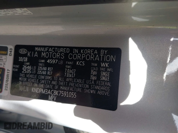 2019 Kia Sportage LX with VIN KNDPM3AC8K7591055, listed as a IAAI auction lot 41962190 with 74,003 mi miles. Bid and sale history available at carsss.com. Image 9.