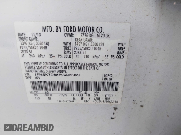 2014 Ford Explorer XLT с VIN 1FM5K7D88EGA99959, выставлен на аукционе IAAI как лот 42439266 с пробегом 124 632 миль миль и . История ставок и продаж доступна на DreamBid. Изображение 9.