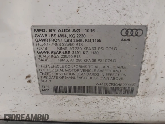 2017 Audi Q3 Premium z VIN WA1ECCFS0HR009385, wystawiony jako IAAI lot #42042437 z przebiegiem 110 341 mil mil oraz . Historia ofert i sprzedaży dostępna na DreamBid. Obrazek 9.