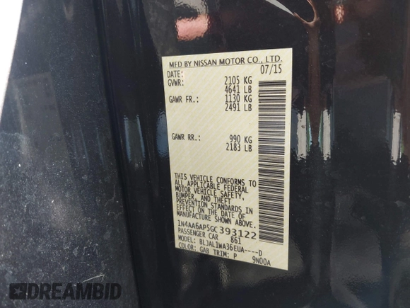 2016 Nissan Maxima SL with VIN 1N4AA6AP5GC393122, listed as a IAAI auction lot 42523884 with 116,659 mi miles and . Bid and sale history available at DreamBid. Image 9.