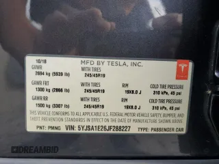 2018 Tesla Model S 75D z VIN 5YJSA1E26JF288227, wystawiony jako Copart lot #54075285 z przebiegiem 49 815 mil mil oraz Szkoda całkowita • Salvage title. Historia ofert i sprzedaży dostępna na DreamBid. Obrazek 12.