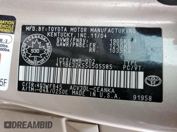 2005 Toyota Camry STD z VIN 4T1BE32K55U505585, wystawiony jako Copart lot #56913705 z przebiegiem 361 943 mil mil oraz Czysty tytuł • Clean title. Historia ofert i sprzedaży dostępna na DreamBid. Obrazek 12.