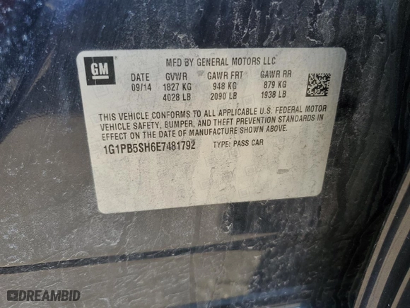 2014 Chevrolet Cruze LS with VIN 1G1PB5SH6E7481792, listed as a Copart auction lot 48857475 with 122,821 mi miles and Salvage Title. Bid and sale history available at carsss.com. Image 14.
