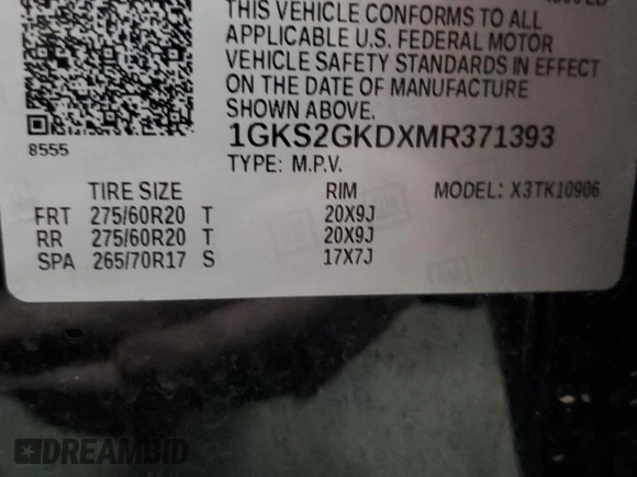 2021 GMC Yukon XL SLT with VIN 1GKS2GKDXMR371393, listed as a Copart auction lot 85052824 with 104,432 mi miles and Salvage Title. Bid and sale history available at carsss.com. Image 14.