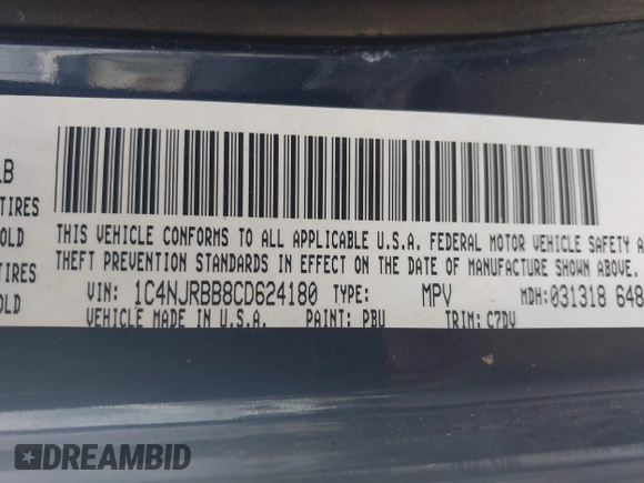 2012 Jeep Patriot Sport с VIN 1C4NJRBB8CD624180, выставлен на аукционе IAAI как лот 42606513 с пробегом 150 396 миль миль и . История ставок и продаж доступна на DreamBid. Изображение 9.