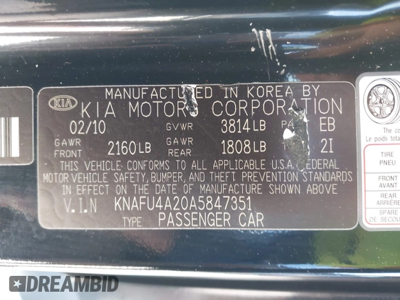 2010 Kia Forte EX with VIN KNAFU4A20A5847351, listed as a IAAI auction lot 41897921 with 129,084 mi miles. Bid and sale history available at carsss.com. Image 9.