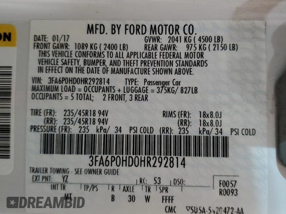 2017 Ford Fusion SE with VIN 3FA6P0HD0HR292814, listed as a Copart auction lot 66760323 with 123,904 mi miles and Clean Title. Bid and sale history available at carsss.com. Image 13.