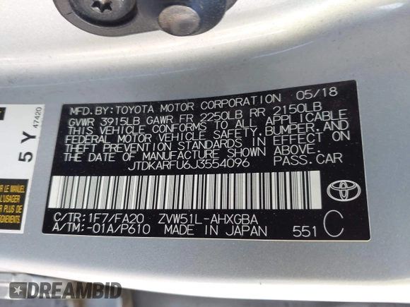 2018 Toyota Prius Two with VIN JTDKARFU6J3554096, listed as a IAAI auction lot 41856090 with 129,873 mi miles. Bid and sale history available at carsss.com. Image 9.