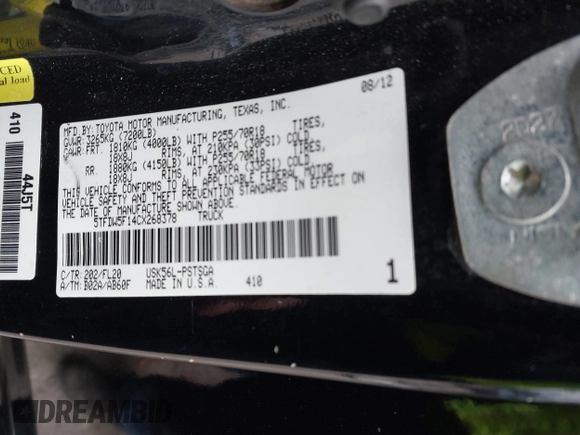 2012 Toyota Tundra 4WD Truck with VIN 5TFDW5F14CX268378, listed as a IAAI auction lot 41412922 with 148,763 mi miles. Bid and sale history available at carsss.com. Image 9.