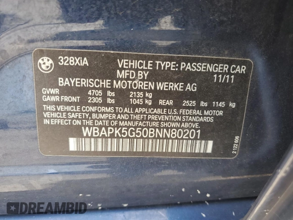 2011 BMW 3 Series 328i xDrive with VIN WBAPK5G50BNN80201, listed as a Copart auction lot 58786025 with 135,156 mi miles and Non repairable. Bid and sale history available at DreamBid. Image 12.