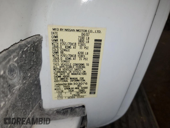 2008 Nissan Titan XE with VIN 1N6BA06C88N303076, listed as a Copart auction lot 59572905 with 163,830 mi miles and Salvage title. Bid and sale history available at DreamBid. Image 12.