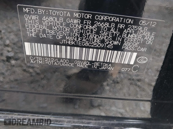 2012 Lexus ES 330 with VIN JTHBK1EG8C2509145, listed as a IAAI auction lot 42160893 with 125,071 mi miles and . Bid and sale history available at DreamBid. Image 9.