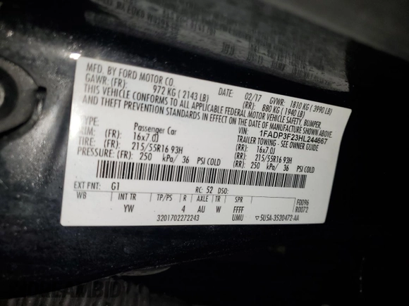 2017 Ford Focus SE with VIN 1FADP3F23HL244667, listed as a Copart auction lot 57597125 with 166,730 mi miles and Salvage title. Bid and sale history available at DreamBid. Image 12.