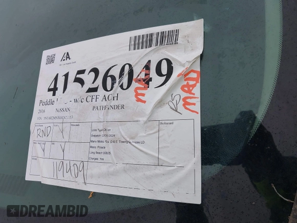 2016 Nissan Pathfinder S with VIN 5N1AR2MNXGC637753, listed as a IAAI auction lot 41526049 with 119,409 mi miles and . Bid and sale history available at DreamBid. Image 17.