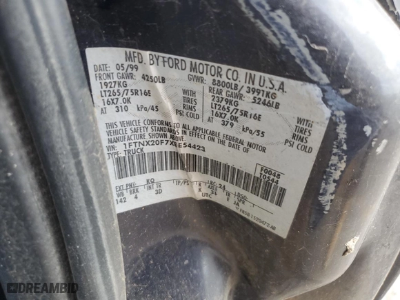 1999 Ford Super Duty F-250 XL with VIN 1FTNX20F7XEE54423, listed as a Copart auction lot 64464714 with 419,669 mi miles and Salvage Title. Bid and sale history available at carsss.com. Image 12.